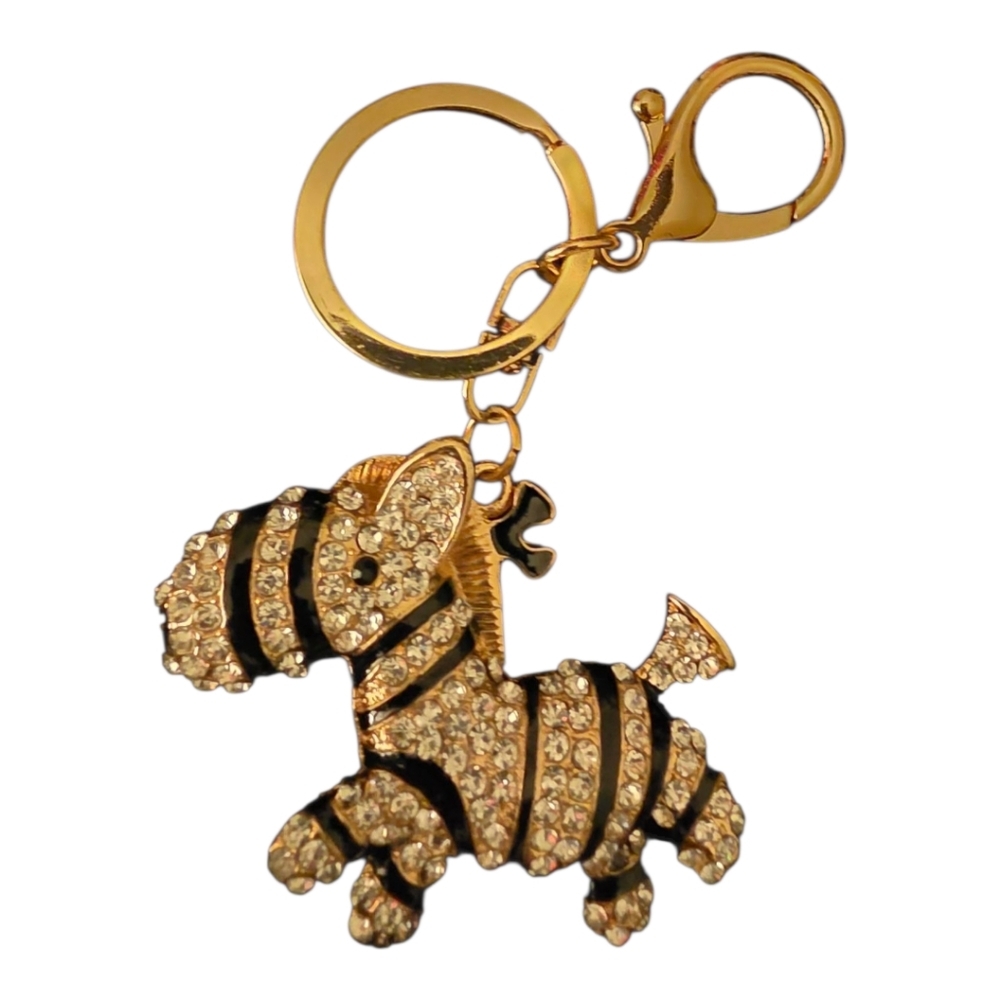 Zebra Bag Charm and Keyring Rhinestones, Black And Gold - Picture 2 of 2